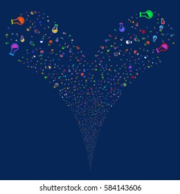 Retort fireworks stream. Vector illustration style is flat bright multicolored iconic symbols on a blue background. Object double fountain made from random pictograms.