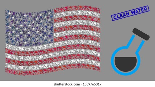 Retort items are grouped into USA flag collage with blue rectangle distressed stamp watermark of Clean Water caption. Vector collage of USA waving state flag is created with retort items.