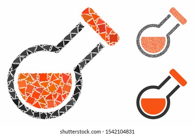 Retort mosaic of uneven elements in various sizes and color tinges, based on retort icon. Vector uneven items are organized into collage. Retort icons collage with dotted pattern.
