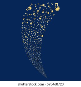 Retort random fireworks stream. Vector illustration style is flat yellow iconic symbols on a blue background. Object fountain done from scattered pictographs.
