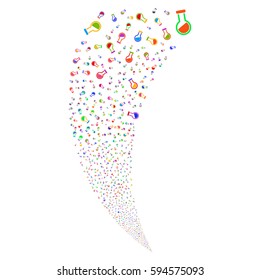 Retort random fireworks stream. Vector illustration style is flat bright multicolored iconic symbols on a white background. Object fountain created from scattered icons.