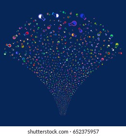 Retort salute stream. Vector illustration style is flat bright multicolored iconic symbols on a blue background. Object explosion fountain organized from random icons.