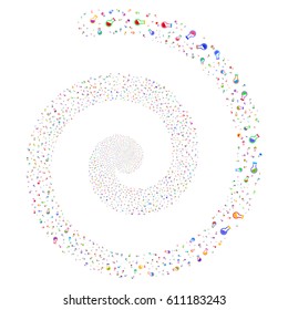 Retort salute whirlpool spiral. Vector bright multicolored random icons.