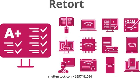 retort set. included student-smartphone, exam, chemistry, chip, ebook, student-laptop, teacher, test, learn, online-learning, student-tablet, login icons. filled styles.