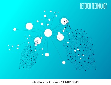 retouch technology, Innovations systems connecting people and robots devices. Future technologies in automatics cyborg systems and computers industry from awesome internet developments.