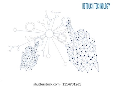 retouch technology, Innovations systems connecting people and robots devices. Future technologies in automatics cyborg systems and computers industry from awesome internet developments.