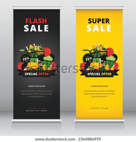 Retractable banner or standee template with a design of grocery items. Suitable for black friday, clearance or any other kind of sales event in a supermarket or grocery store