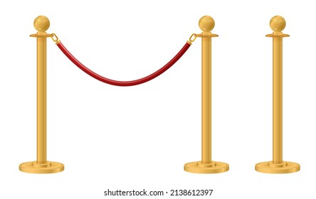 Retractable belt rack. Portable tape barrier. Red carpet with red ropes on golden stanchions. Exclusive event, movie premiere, gala, ceremony, awards concept. Vector