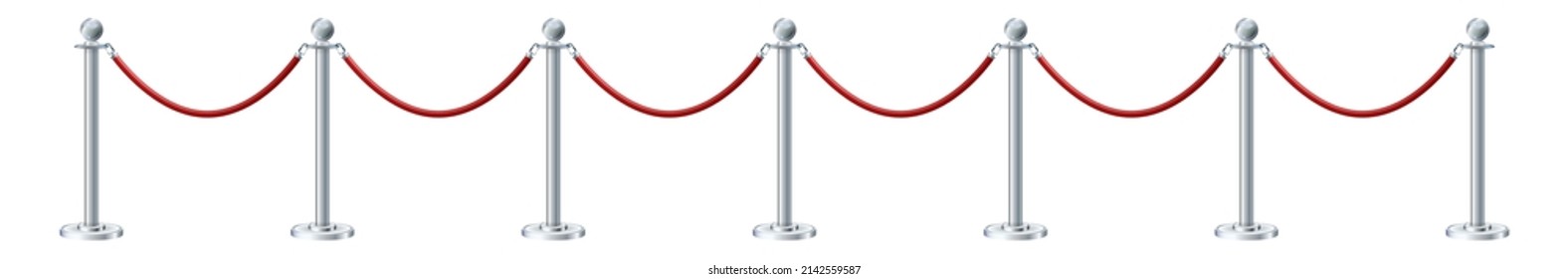 Retractable belt rack. Portable tape barrier. Red carpet with red ropes on silver stanchions. Exclusive event, movie premiere, gala, ceremony, awards concept. Vector