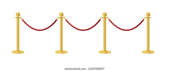 Retractable belt rack. Portable tape barrier. Red carpet with red ropes on golden stanchions. Exclusive event, movie premiere, gala, ceremony, awards concept. Vector