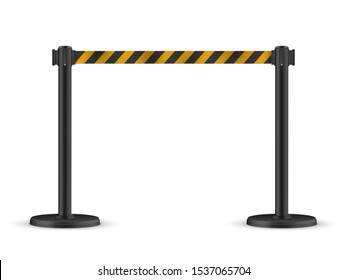 Retractable belt stanchion. Portable ribbon barrier. Striped black-yellow fencing tape.