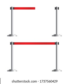 Retractable belt stanchion set. Airport fence isolated on white background. Vector portable ribbon barrier. Red striped hazard fencing tape.