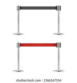 Retractable belt stanchion set, barrier. Strong, upright pole for crowd control. Vector flat style cartoon illustration isolated on white background