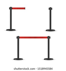 Retractable belt stanchion set. Portable ribbon barrier. Red striped hazard fencing tape.