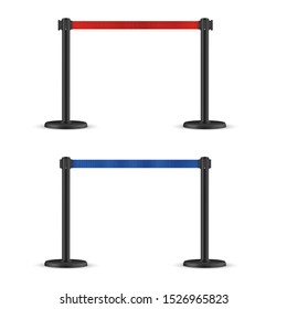 Retractable belt stanchion set. Portable ribbon barrier. Blue and Red fencing tape