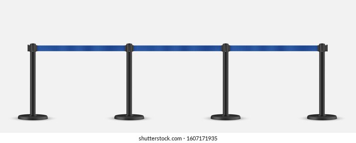 Retractable belt stanchion set. Portable ribbon barrier. Blue striped hazard fencing tape.