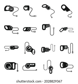 Retractable dog leash icons set simple vector. Animal leather. Carabiner accessory