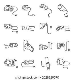 Retractable dog leash icons set outline vector. Animal leather. Carabiner accessory