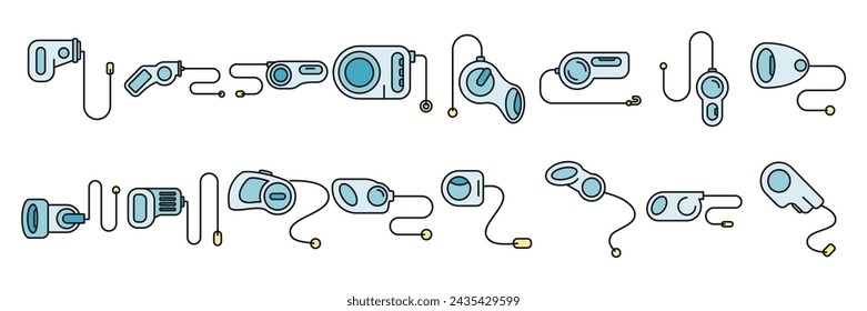 Retractable dog leash icons set outline vector. Animal leather. Carabiner accessory color line isolated