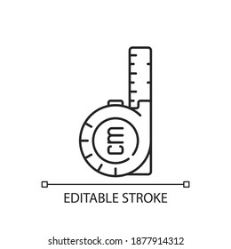 Icono lineal de regla flexible retráctil. Medida de cinta. Tira metálica con marcas de medición lineal. Ilustración personalizable de línea delgada. Símbolo de contorno. Dibujo de contorno aislado del vector. Trazo editable