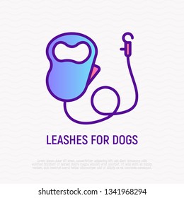 Retractable leash with carabiner for dog thin line icon. Pet accessory. Modern vector illustration for pet shop.