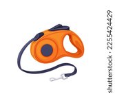 Retractable leash for dog vector illustration. Cartoon isolated roulette lead for control and safety of pet at walk and training, orange accessory with button, metal hook for dog collar and black cord
