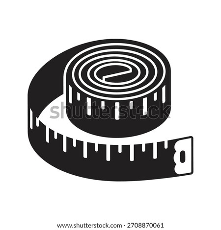 Retractable measuring tape icon with coiled ruler strip representing construction tools, renovation length measurement, home improvement size assessment, and industrial dimension precision equipment.