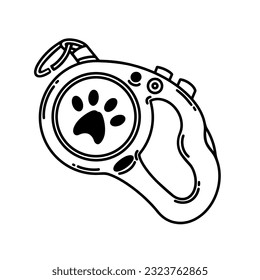 Icono retráctil del vector de correa de mascota. Accesorio para perro o gato con garra. Un dispositivo moderno para caminar con animales, entrenamiento, protección. Esbozo simple. Clipart en blanco y negro para logotipo, impresión, web