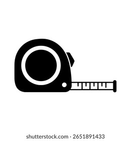 Una cinta métrica retráctil mostrada como una silueta negra sólida. Un icono simple que representa una herramienta para la medición precisa en la construcción.