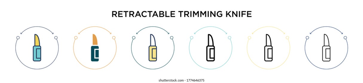 Icono retráctil del cuchillo de recorte en el estilo relleno, delgado, contorno y trazo. Ilustración vectorial de dos iconos vectoriales retráctiles de color y negro para móviles,