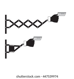 Retractable wall punching hand holding credit card showing to pay sign, vector illustration.