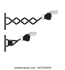 Retractable Wall Punching Hand Holding Credit Card Showing To Pay Sign, Vector Illustration.