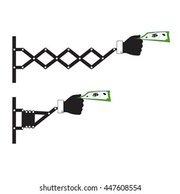 Retractable Wall Punching Hand Holding Money To Pay Sign, Vector Illustration.