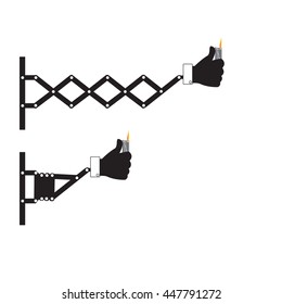 Retractable wall punching hand holding lighter sign, vector illustration.