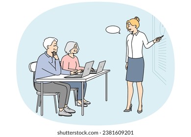 Retraining, additional education for elderly people. Advanced training for senior men, women. Young female teacher gives master class, seminar for pensioners. Vector outline colorful illustration.