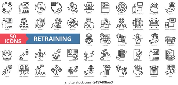 Retraining icon collection set. Containing process, learning, skill, training, soft skill, motivation, internship icon. Simple line vector illustration.