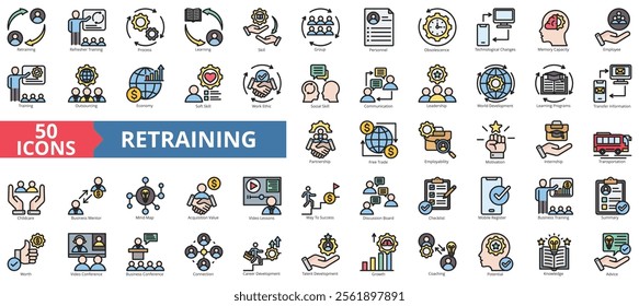 Retraining icon collection set. Containing process, learning, skill, training, soft skill, motivation, internship icon. Simple flat outline vector illustration