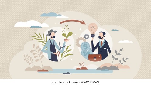 Readiestramiento e inicio de una nueva carrera y un concepto de persona diminuta de profesión diferente. Aprendizaje de habilidades y conocimientos para la ilustración vectorial de reemplazo de trabajo. El empleado cambia la dirección de la vida con un trabajo alternativo