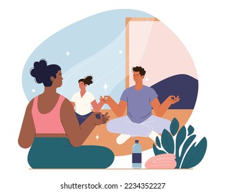 Actividades de retiro. Práctica moderna para el bienestar corporal y mental. Relajación, ejercicio de yoga, balance cuerpo y mente. Ilustración vectorial plana