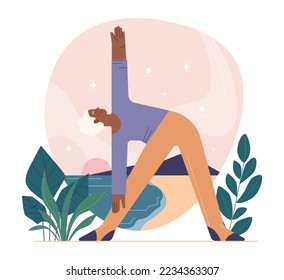 Retreat activities. Modern practice for body and mind wellness. Relaxation, yoga exercise, body and mind balance. Flat vector illustration