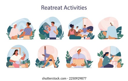 Retreat activities set. Modern practice for body and mind wellness. Relaxation, yoga exercise, body and mind balance. Flat vector illustration