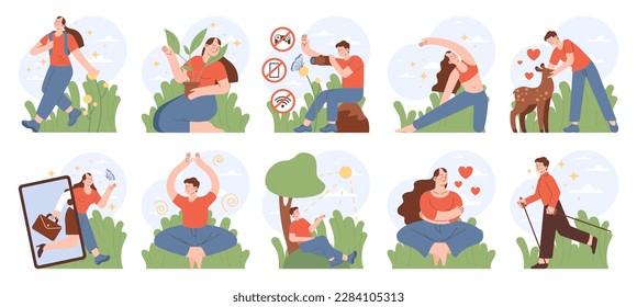 Retreat activities set. Modern practice for body and mind wellness. Relaxation, yoga exercise, body and mind balance. Flat vector illustration