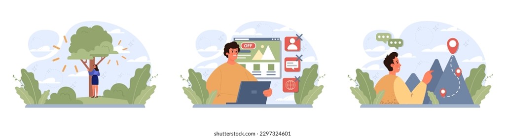 Retreat activities set. Modern practice for body and mind wellness. Digital detox and relaxation, yoga and mindfulness practices. Balanced life and mental health. Flat vector illustration