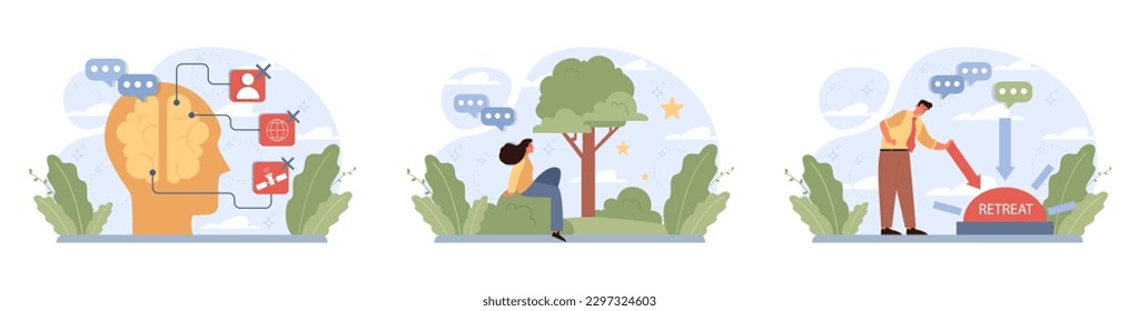 Retreat activities set. Modern practice for body and mind wellness. Digital detox and relaxation, yoga and mindfulness practices. Balanced life and mental health. Flat vector illustration