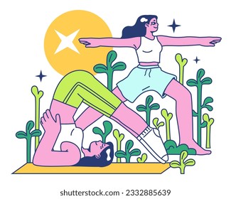 Retreat activity. Female character in a sportswear doing yoga or pilates. Spiritual therapy. Mindfulness and relaxation practices, breathing exercise. Flat vector illustration