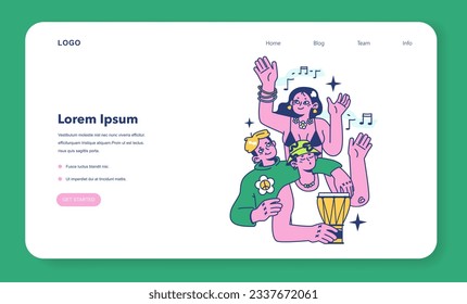 Retreat activity web banner or landing page. Young people in beachwear dancing on a beach party. Young adult community having fun together in the summer. Music festival day. Flat vector illustration
