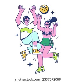 Retreat camp. Mental health treatment. Characters playing basketball. Team players during the game. Young adults in a sportswear play with a ball. Flat vector illustration.