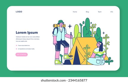 Retreat camp web banner or landing page. Characters installing a tent. Tourist, hiker or backpacker explore mountains and forest. Active recreation and camping. Flat vector illustration