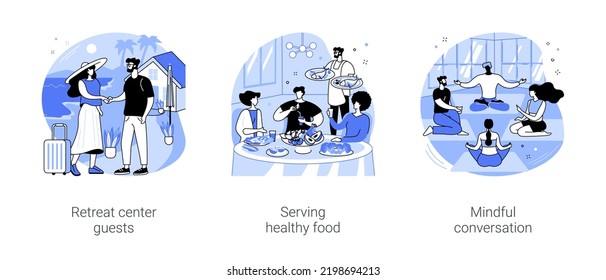 Retreat center isolated cartoon vector illustrations set. Worker meets the guest, recreation business, serving healthy food, detox vacation, people having mindful conversation vector cartoon.