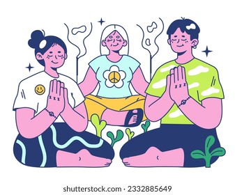Retreat. Character meditating in lotus position outside. Modern practice for body and mind wellness and relaxation. Flat vector illustration